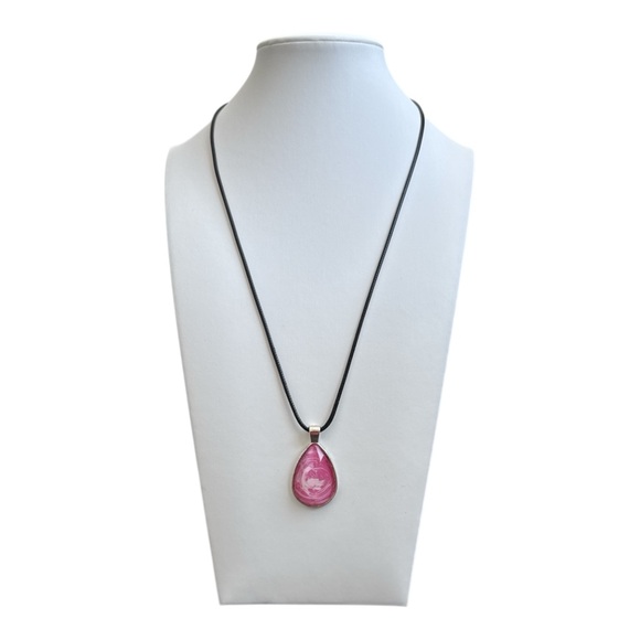 Handmade Pink and White Fluid Art Teardrop Pendant Necklace One of a Kind - Picture 3 of 9